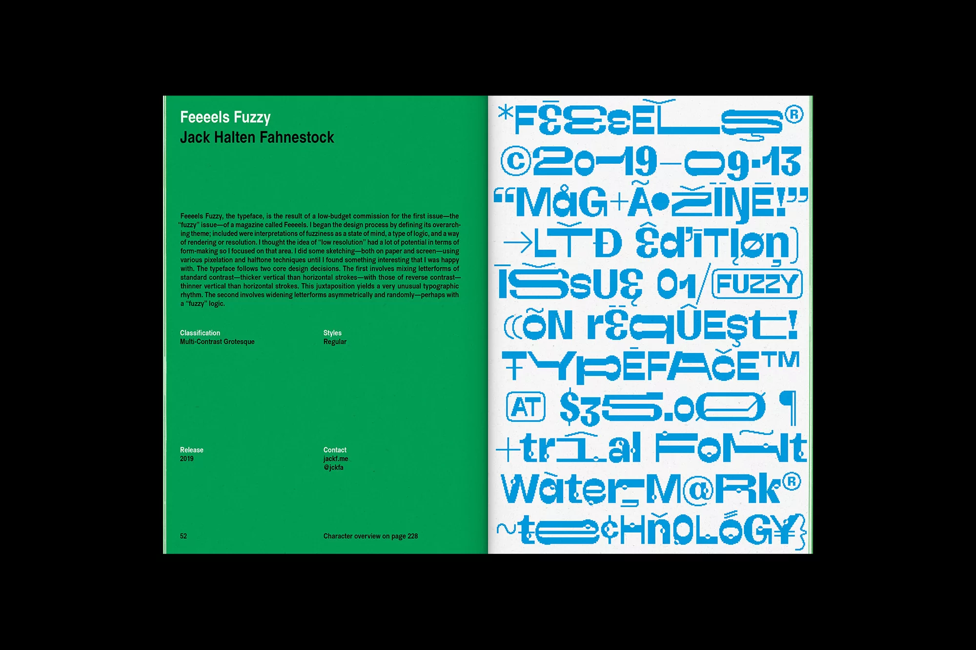 Magazine spread featuring a graphic blue typeface design on the right and text on a green background on the left.
