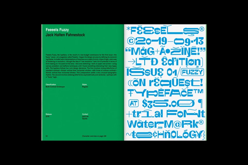 Magazine spread featuring a graphic blue typeface design on the right and text on a green background on the left.