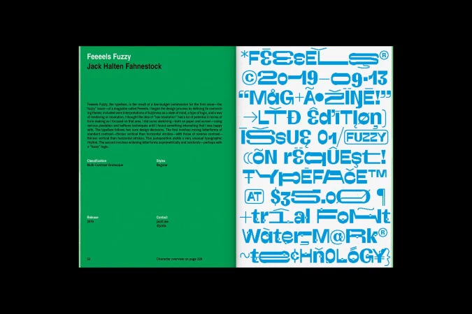 Magazine spread featuring a graphic blue typeface design on the right and text on a green background on the left.