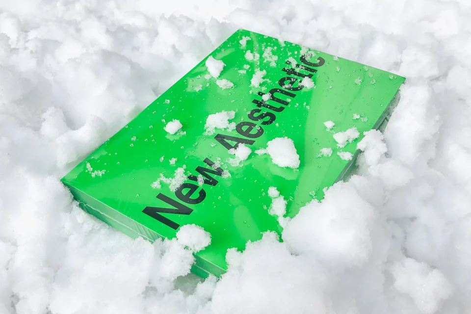 Eye-level shot of a neon green book titled 'New Aesthetic' partially submerged in fresh snow, suggesting a contrast between technology and nature.