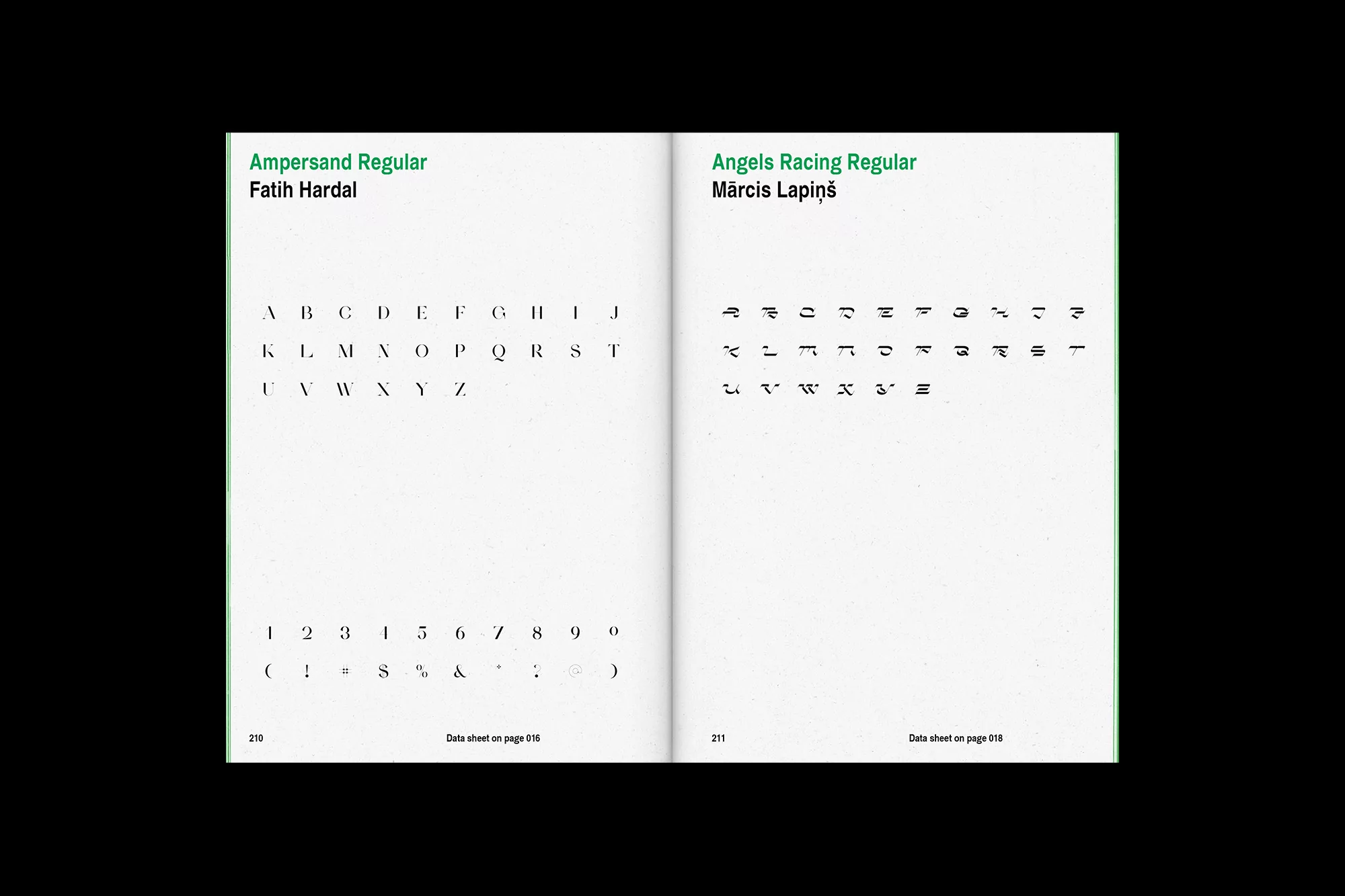 Open book displays two font samples, 'Ampersand Regular' and 'Angels Racing Regular', set against a white page with dark green titles.