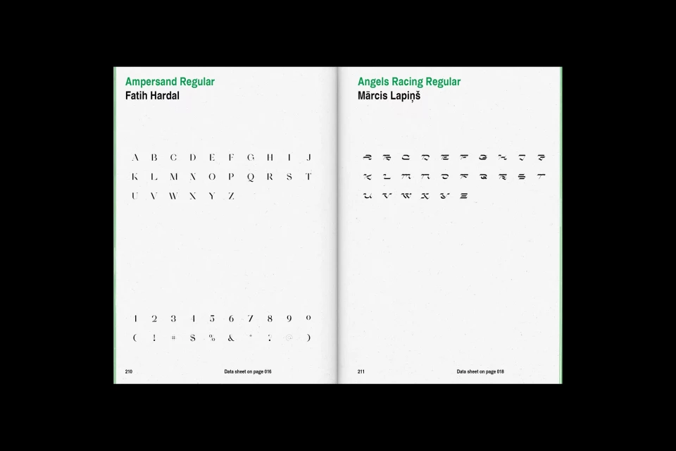 Open book displays two font samples, 'Ampersand Regular' and 'Angels Racing Regular', set against a white page with dark green titles.