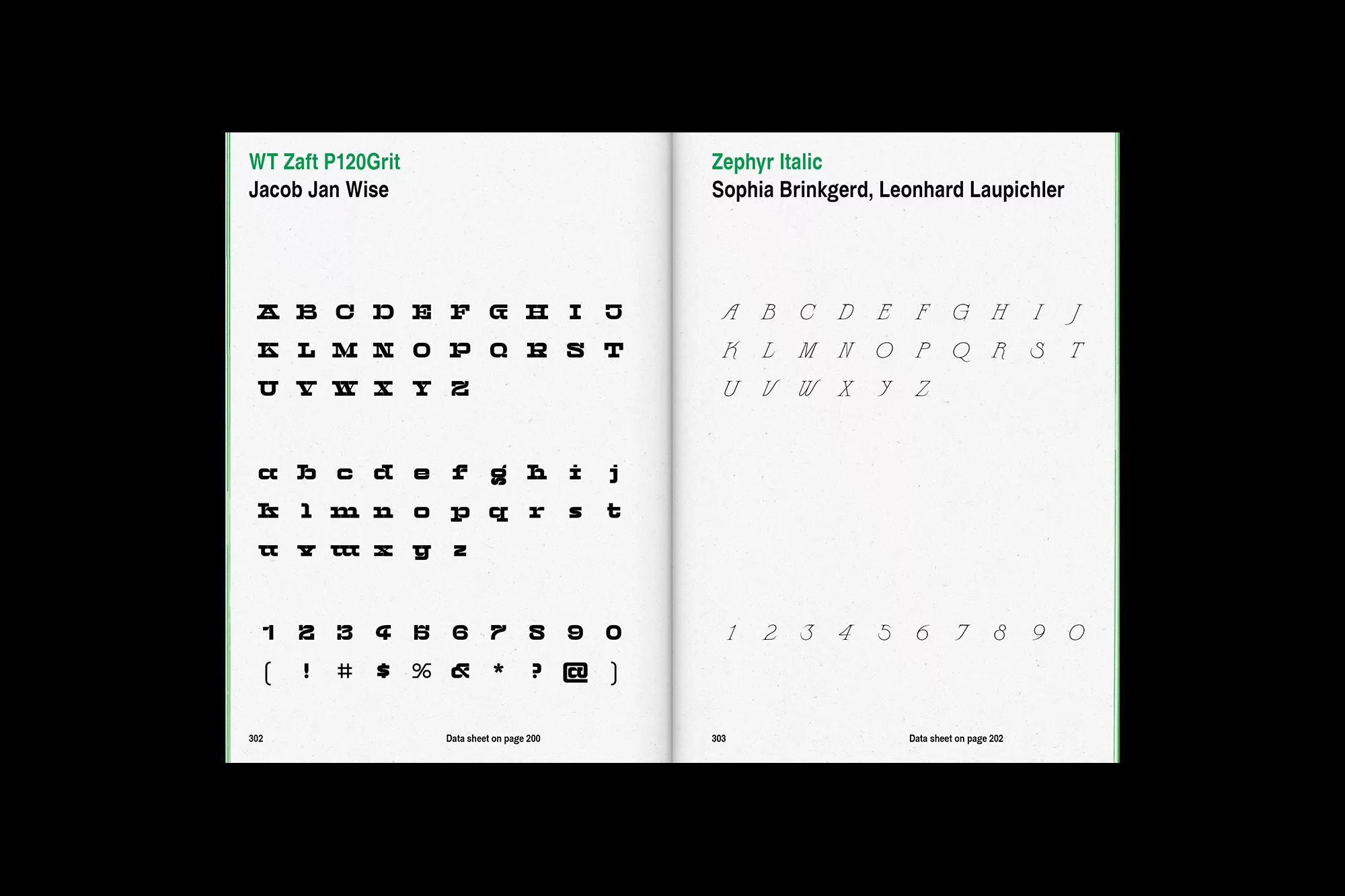 Open book displaying two distinct font styles: WT Zaft P120Grit and Zephyr Italic. Each font presents the full alphabet, numbers, and symbols.
