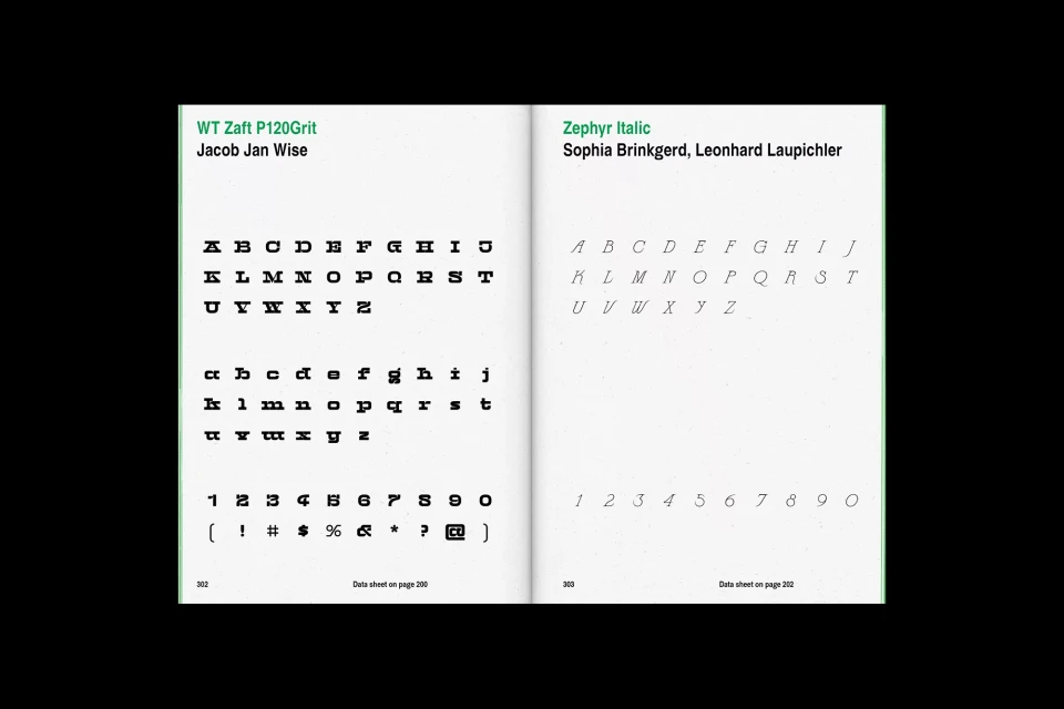 Open book displaying two distinct font styles: WT Zaft P120Grit and Zephyr Italic. Each font presents the full alphabet, numbers, and symbols.