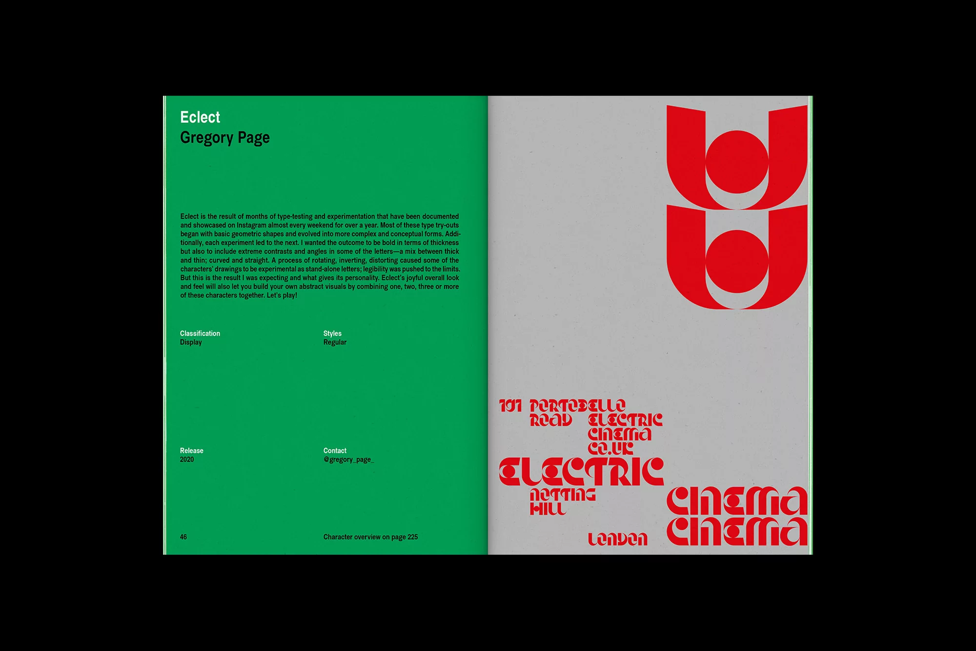 Graphic design book spread featuring bright green and gray pages, showcasing bold red typography and typeface examples.