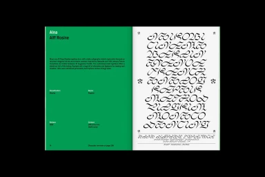An open editorial spread featuring bold calligraphic typography on the right and solid green text blocks on the left.