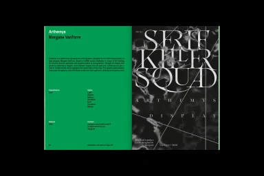 Spread of a graphic design publication featuring a vibrant green layout on the left and black marbled display typography on the right.