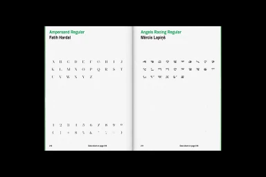 Open pages of a typographic publication showing specimen character sets for Ampersand Regular and Angels Racing Regular.