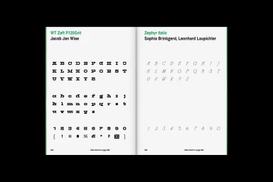 Open book layout displaying two typography specimen pages with letters, numbers, and symbols set against a white background.