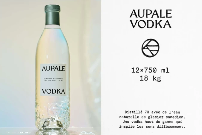 A bottle of Aupale vodka is shown next to text about the vodka. The vodka is in a clear glass bottle with a metal top.
