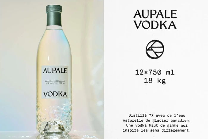Aupale vodka glass bottle next to typographic branding details on a clean white background