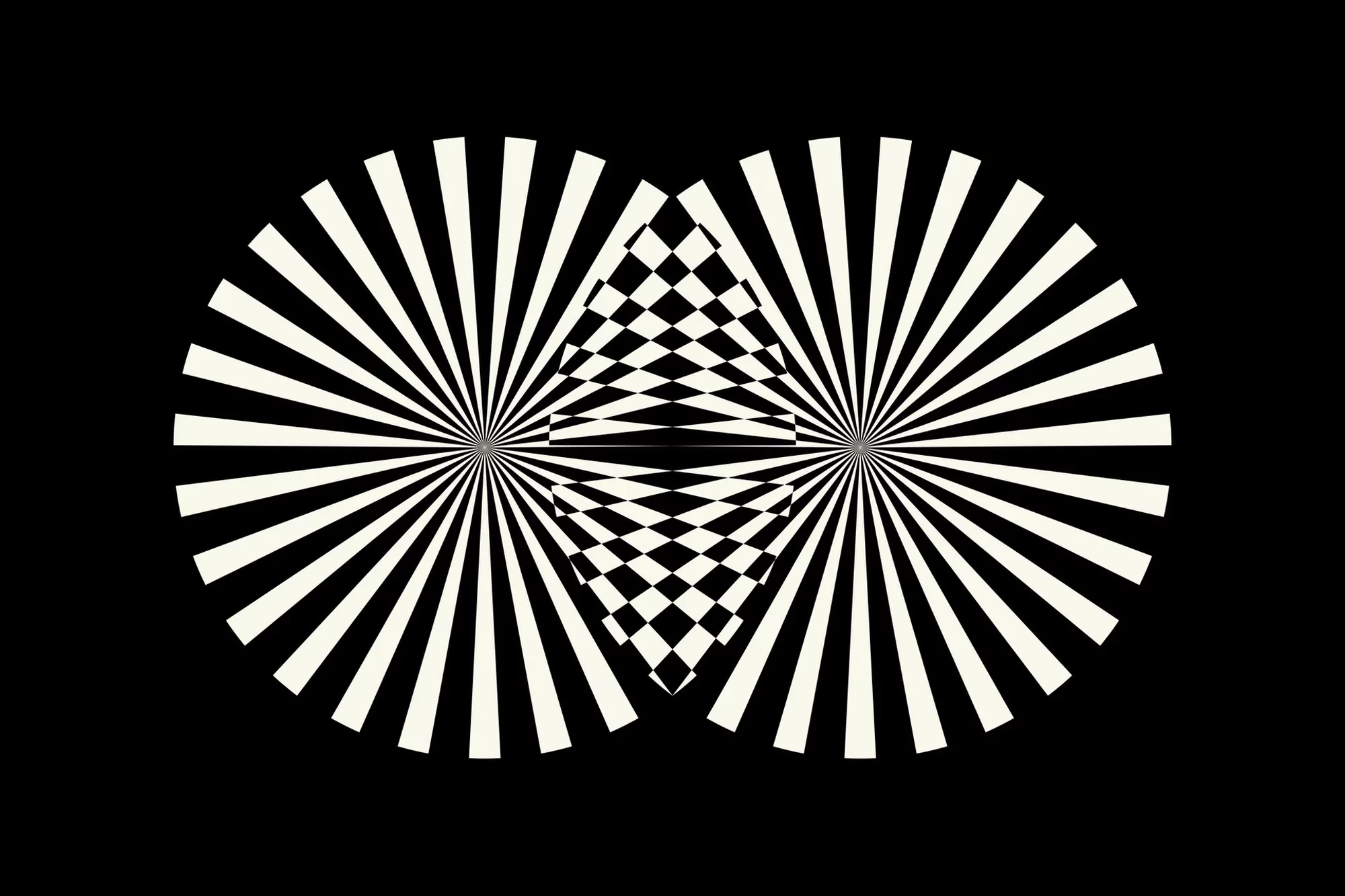 Abstract black and white geometric radial pattern with intersecting radiating circles and rhombus shapes, creating an optical illusion.