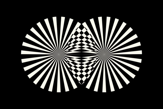 Abstract black and white geometric radial pattern with intersecting radiating circles and rhombus shapes, creating an optical illusion.