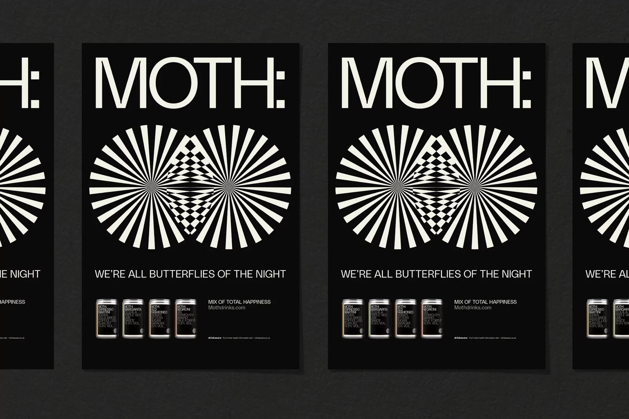 Graphic posters feature a moth-like optical illusion, accompanied by brand name and tagline, set against a stark black background.