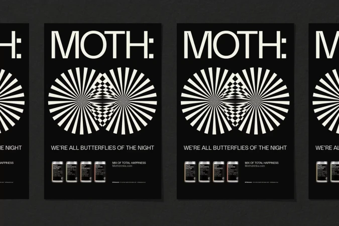 Graphic posters feature a moth-like optical illusion, accompanied by brand name and tagline, set against a stark black background.