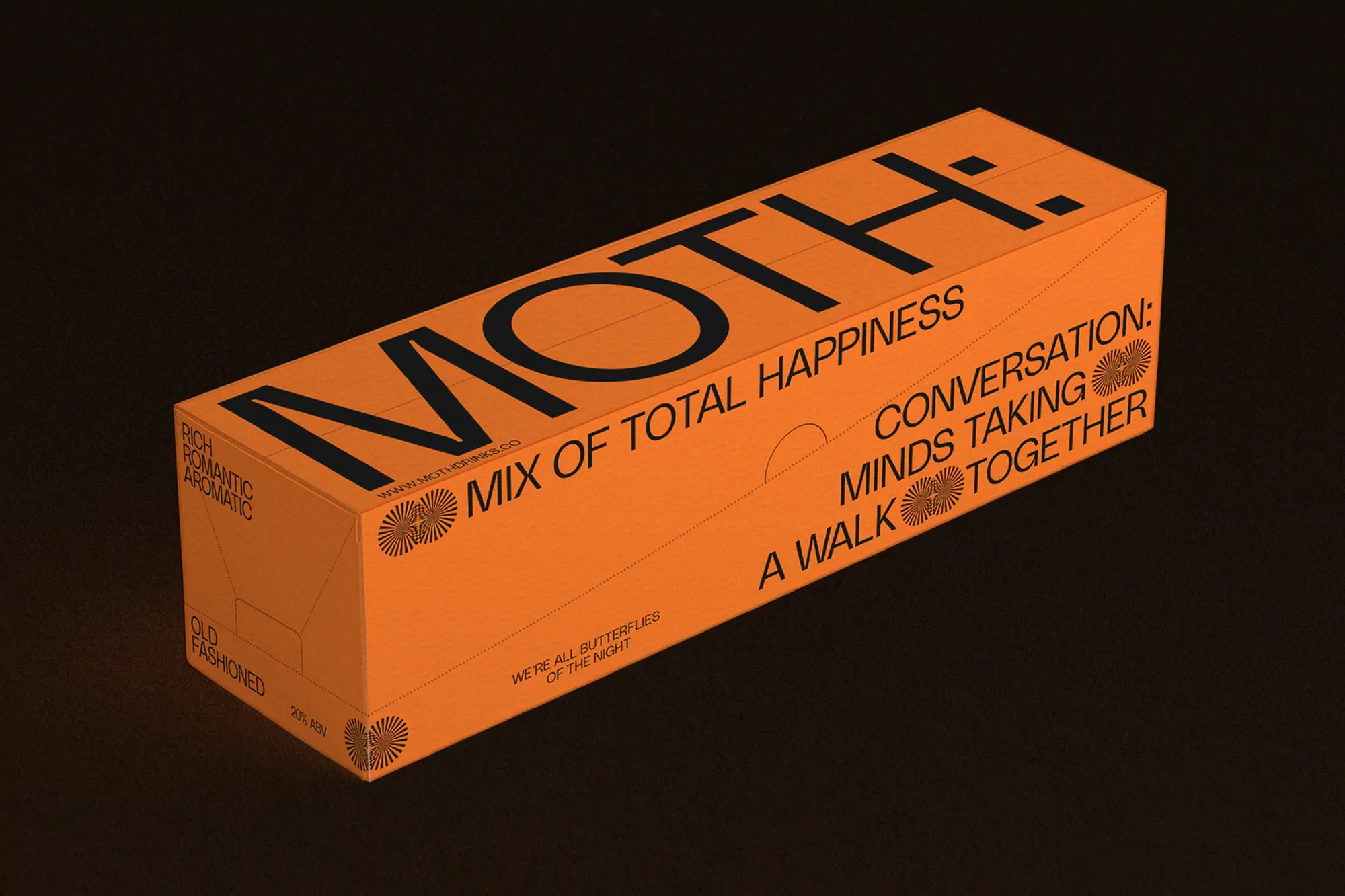 Eye-level studio shot of an orange rectangular box with black typography featuring words such as MOTH:, Happiness, and Conversation.