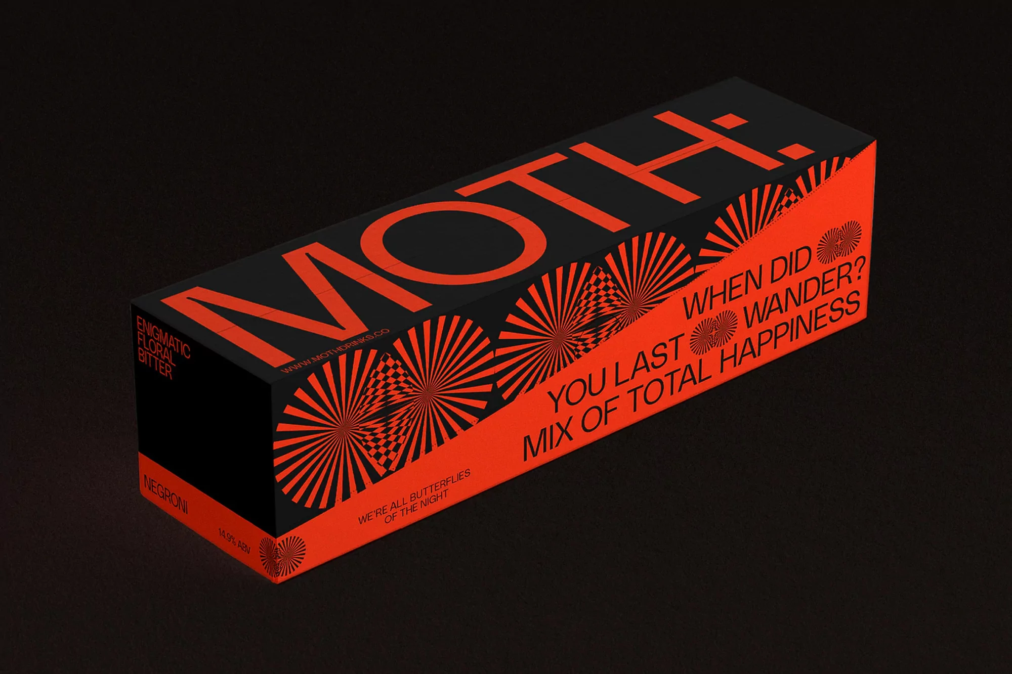 Overhead shot of black rectangular MOTH box with orange text and geometric designs in a dark studio with soft lighting.
