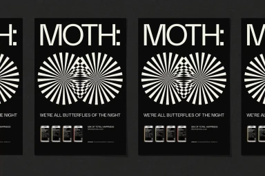 MOTH brand identity poster featuring bold typography and optical art circles on a black background
