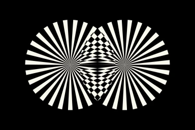 Black and white optical illusion graphic featuring two radial burst patterns overlapping on a dark background
