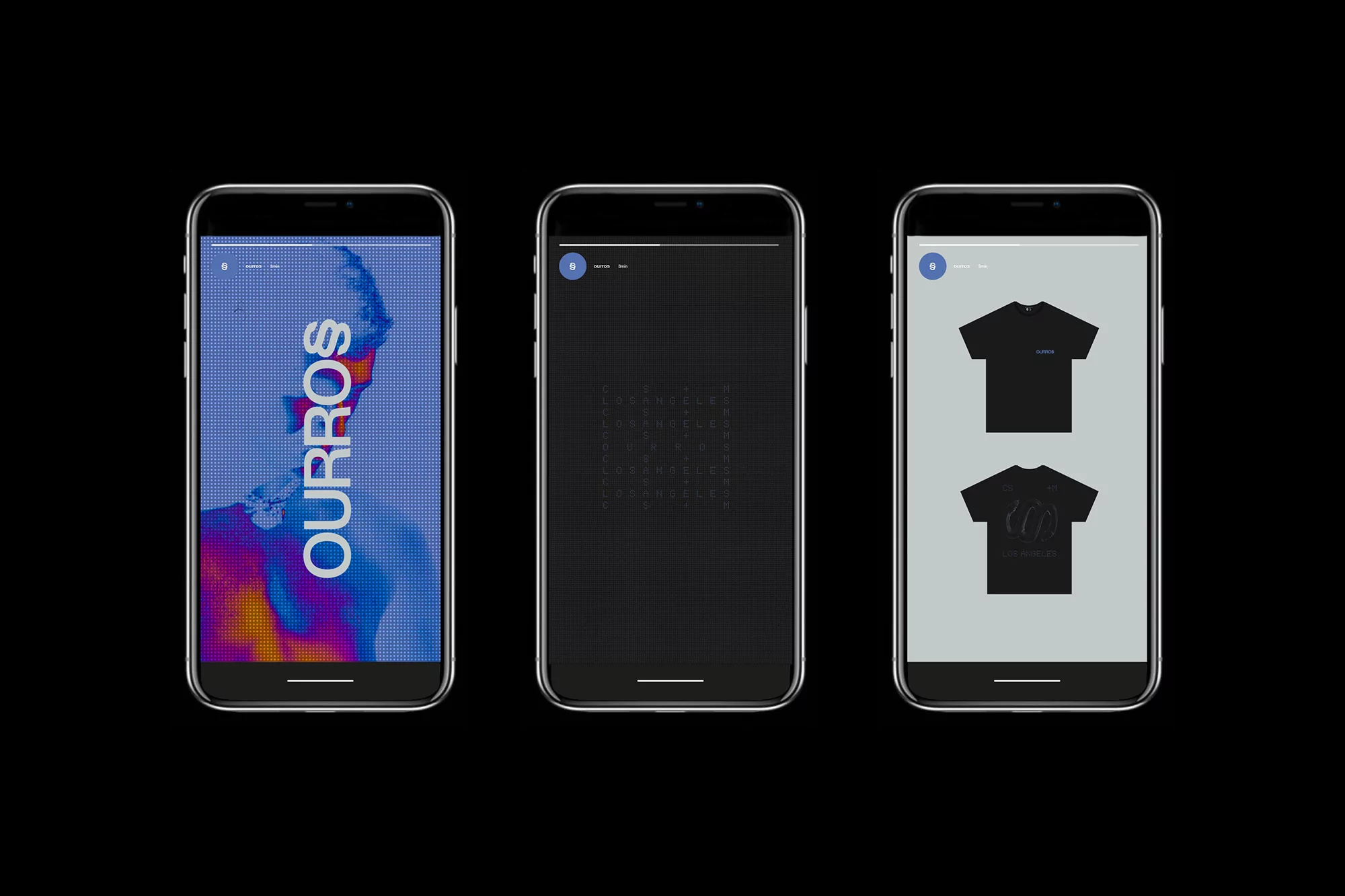 Three smartphones display different screens: a stylized portrait, a coded pattern, and black t-shirts against a dark background.