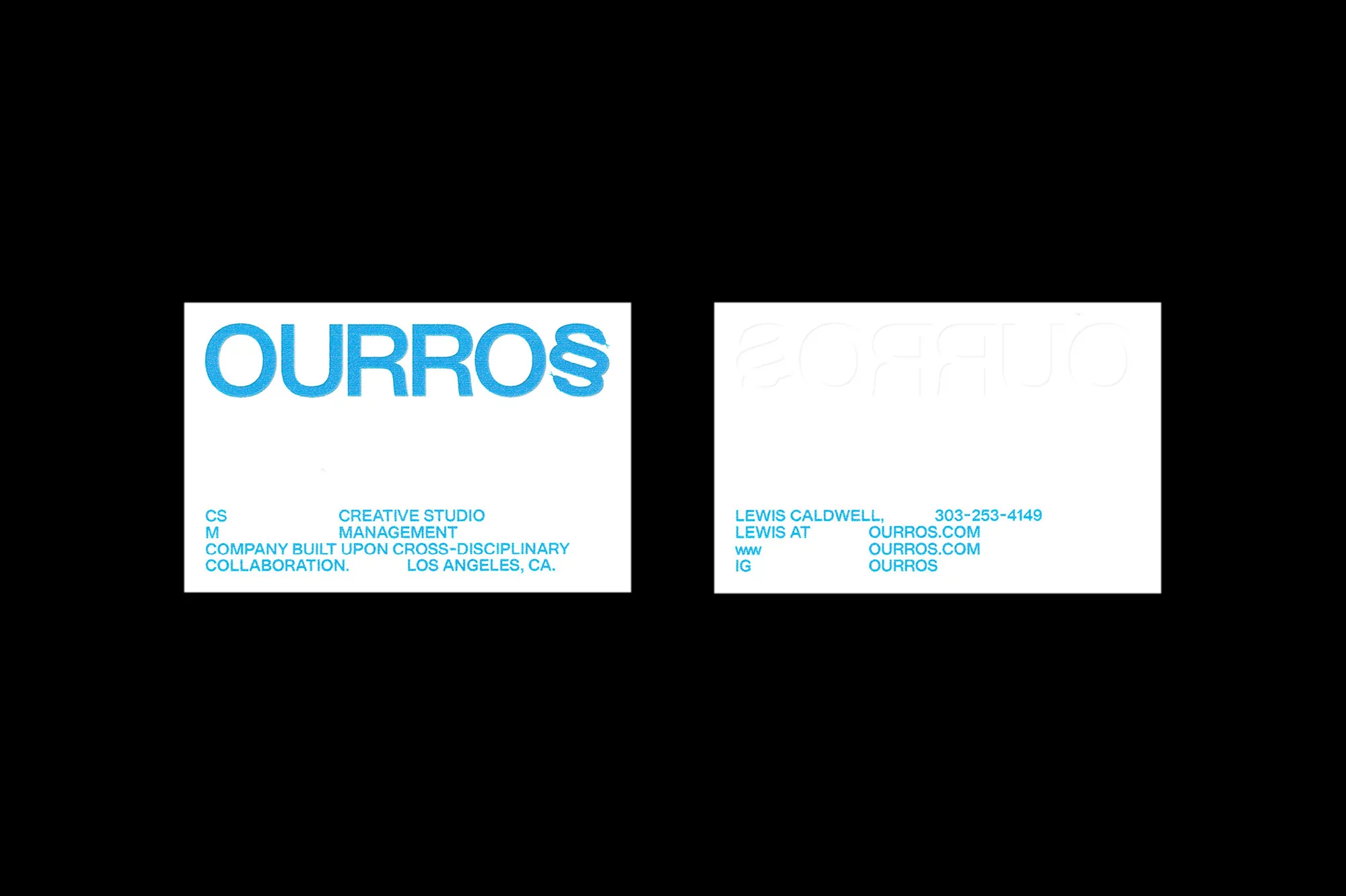 Two business cards are displayed against a black background, featuring the brand 'OURROS' in blue lettering and creative studio contact information.