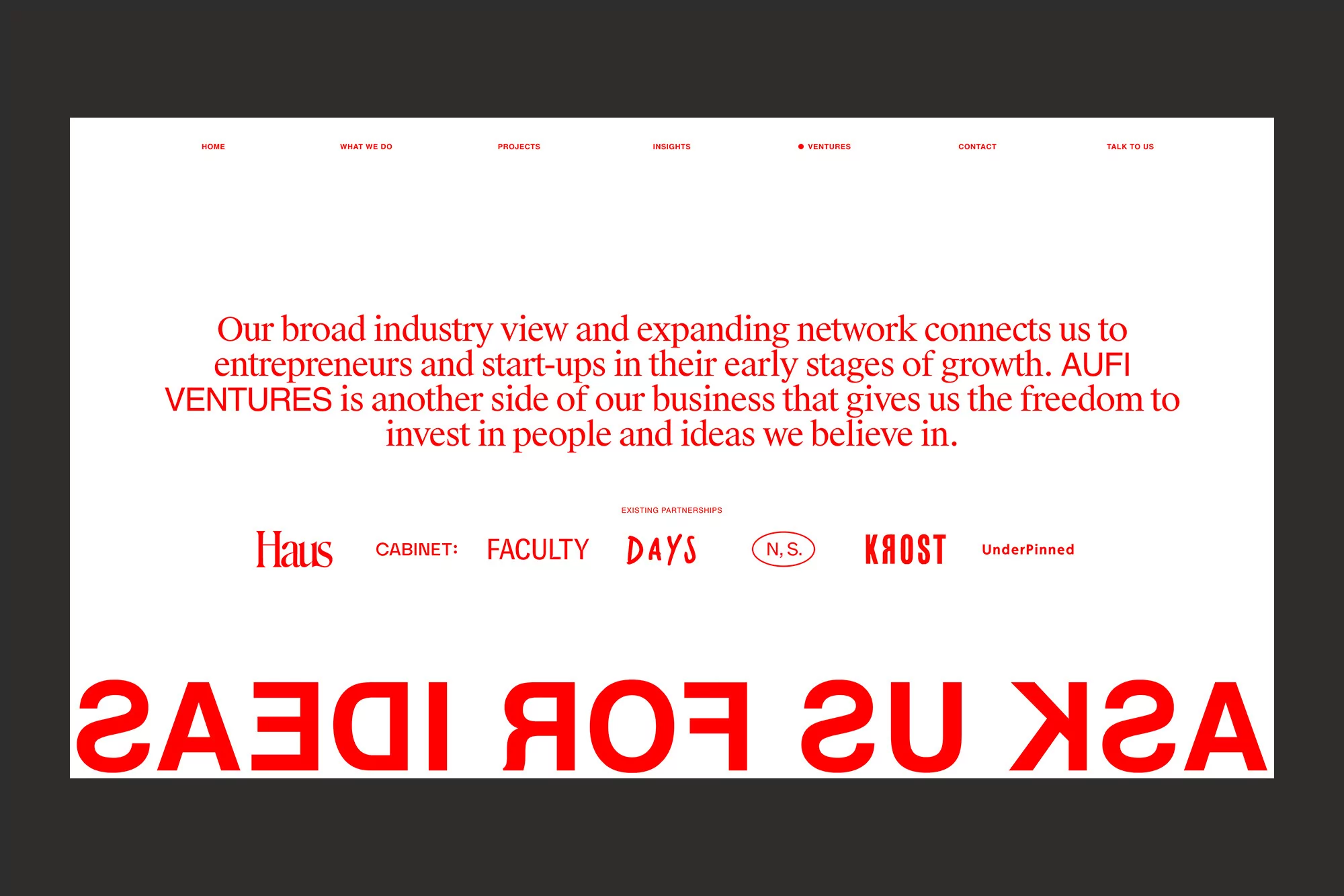 Website design featuring company values, industry insights, and partner information in a clean, modern layout with red and white color scheme.