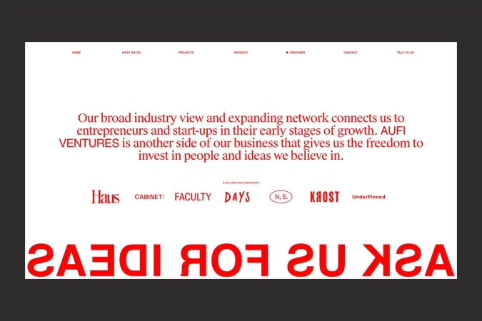 Website design featuring company values, industry insights, and partner information in a clean, modern layout with red and white color scheme.