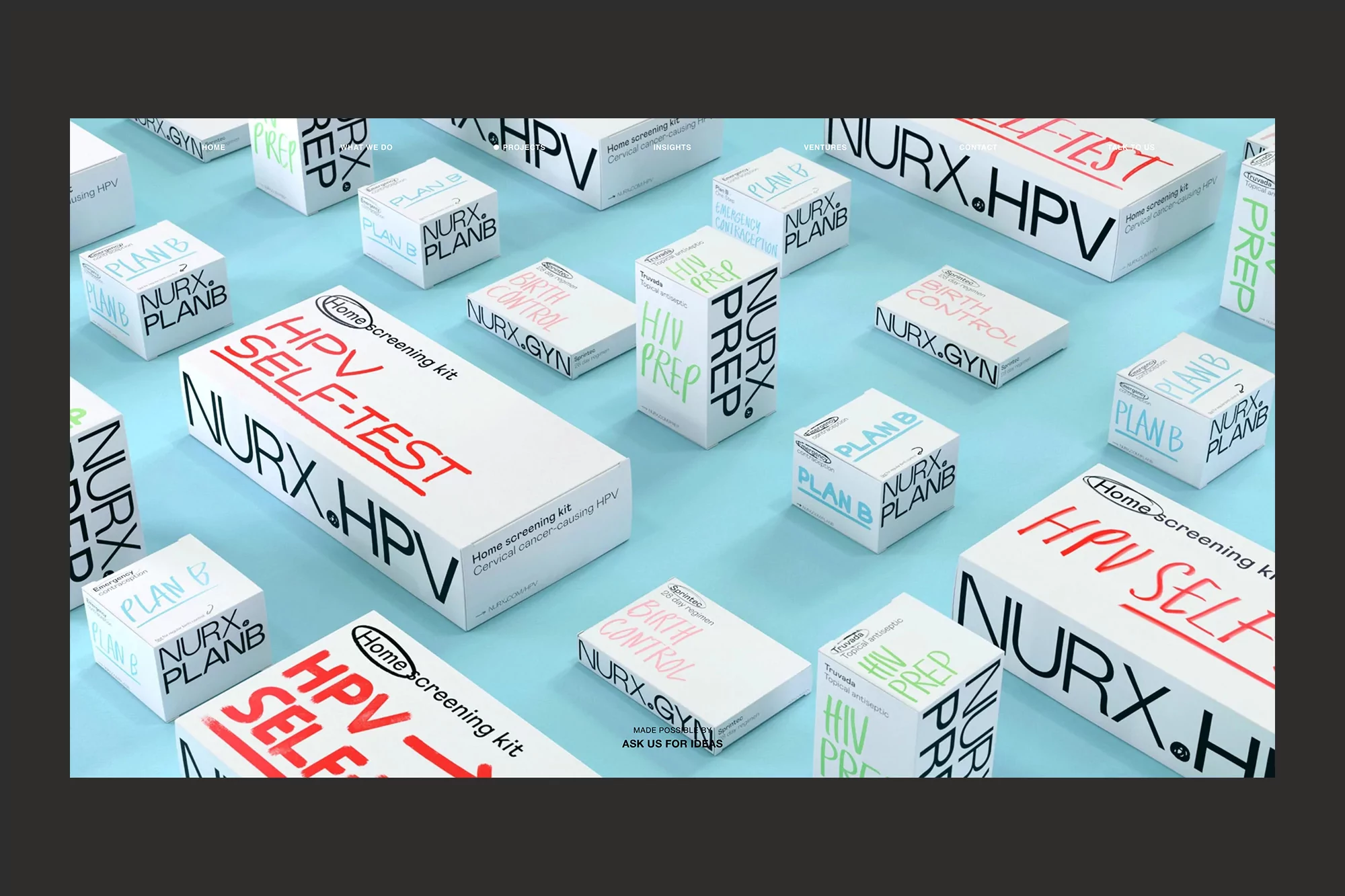 Multiple boxes of home screening kits are arranged on a light blue surface, including HPV self-tests, HIV prep, and birth control.