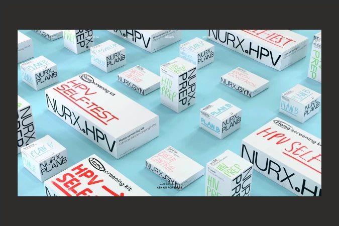 Multiple boxes of home screening kits are arranged on a light blue surface, including HPV self-tests, HIV prep, and birth control.