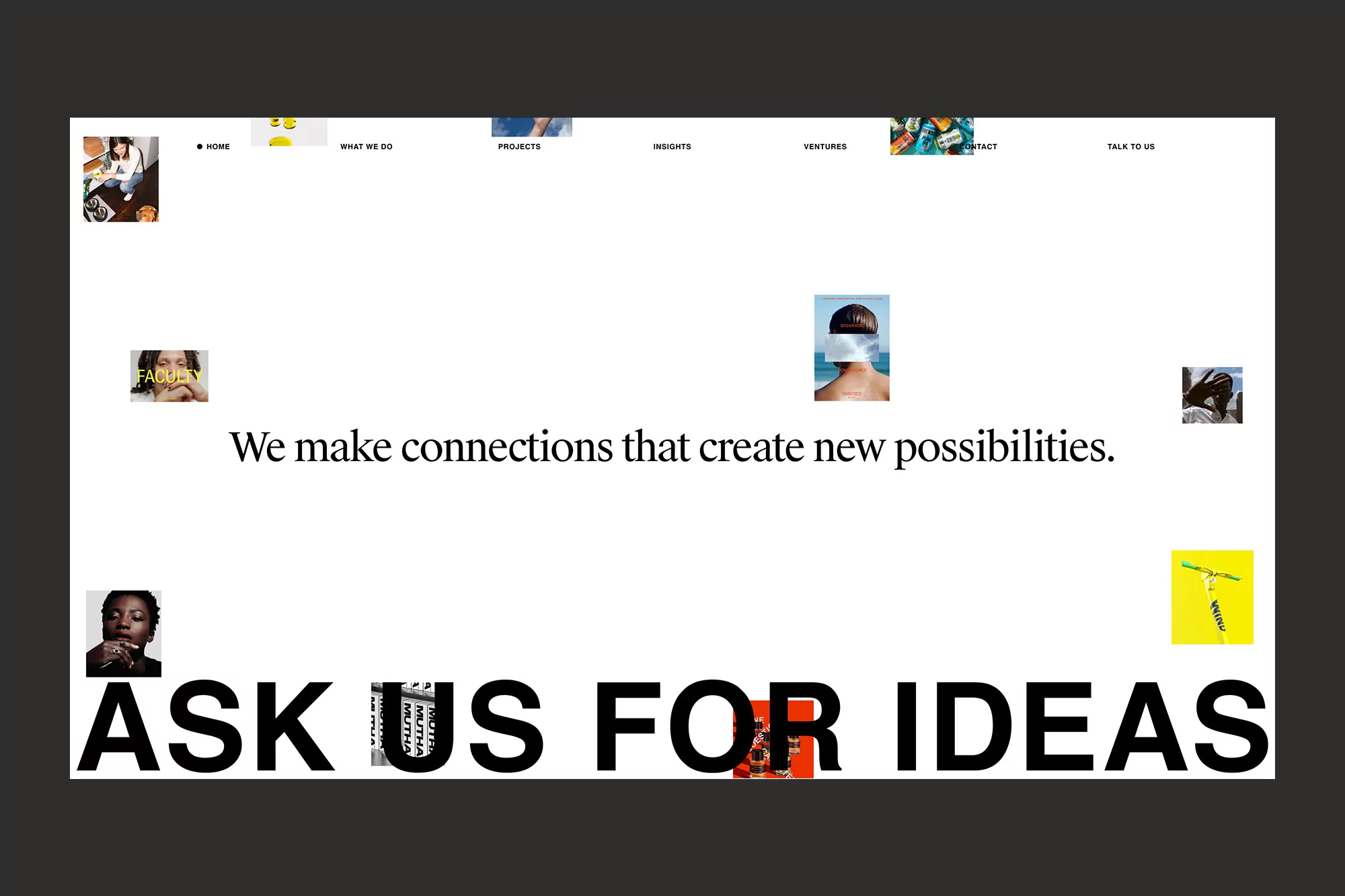 Website interface with a minimalist design featuring text overlay, small portraits, and navigation links for marketing agency services.