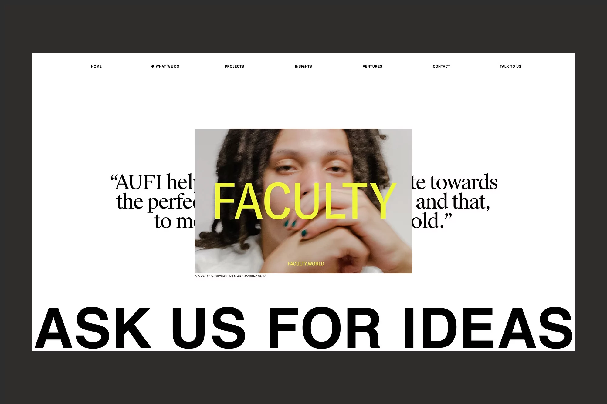 Website promoting Faculty, a creative agency, featuring a headshot of a person with dreadlocks and the tagline "Ask us for ideas."
