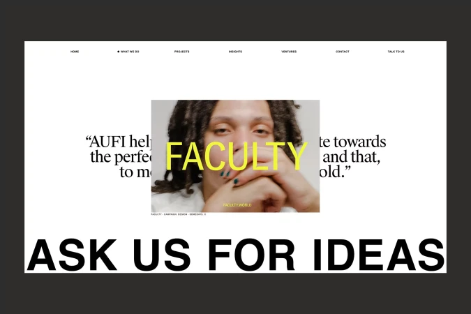 Website promoting Faculty, a creative agency, featuring a headshot of a person with dreadlocks and the tagline "Ask us for ideas."