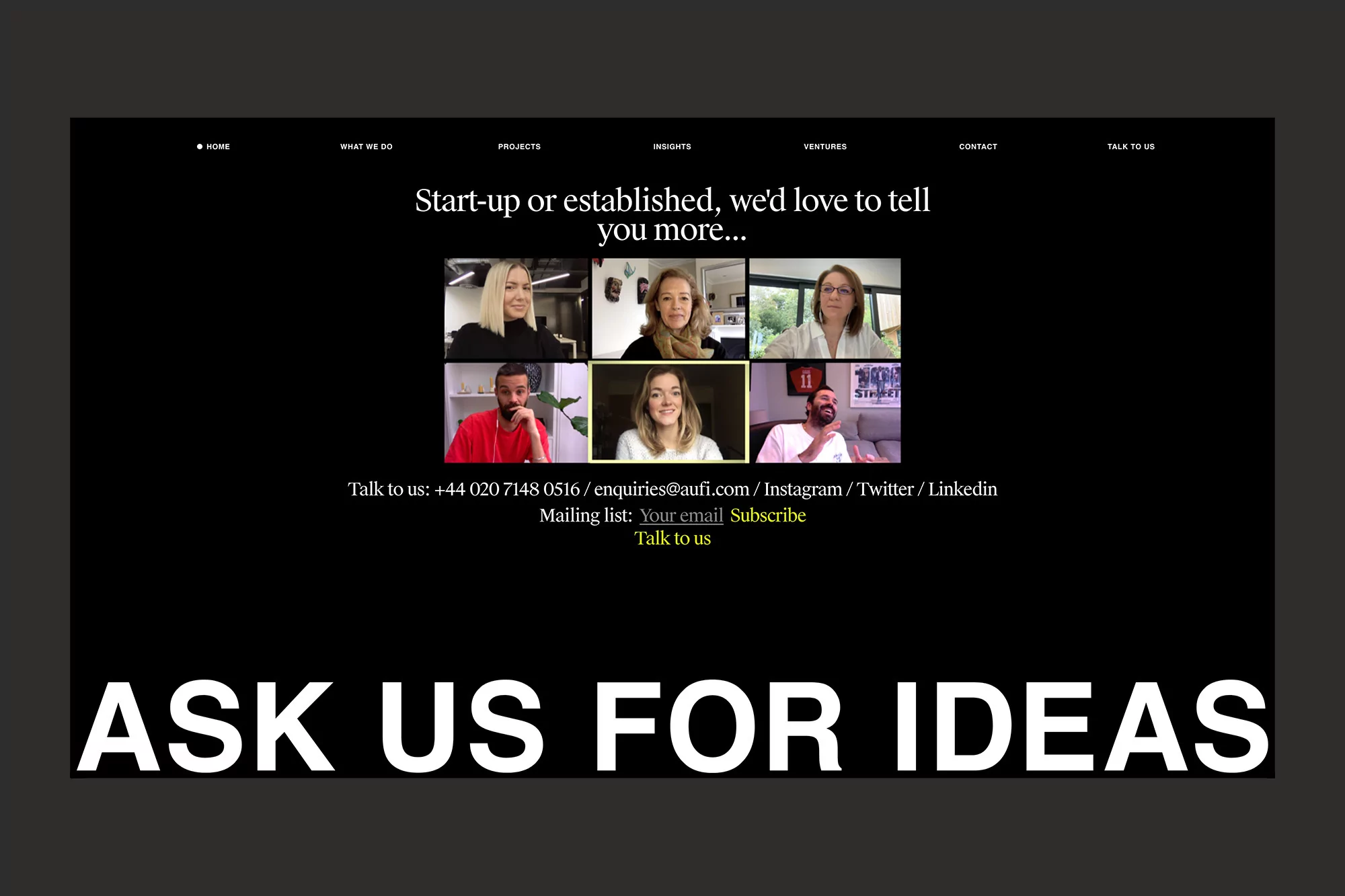 Online meeting of six adults visible in a grid; text overlay "Ask us for ideas" on dark background. Includes contact details.