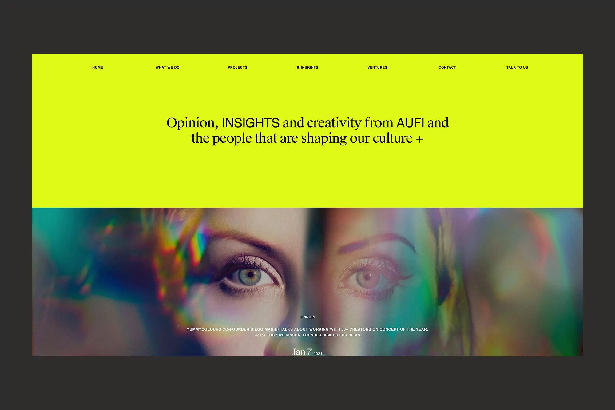 Website header featuring neon yellow text and an image of a woman's face with a prism effect, overlaying navigation links.
