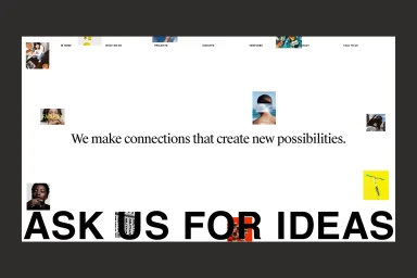 Minimalist digital design layout with clean typography and small image thumbnails on a white background