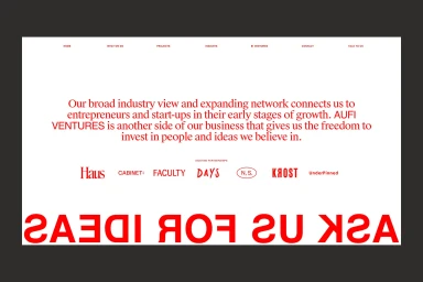 Digital brand identity web page design for AUFI featuring red typography and partner logos on a white background.