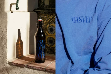 Diptych image showing a dark glass swing-top bottle casting a shadow and a close-up of a blue fabric garment with printed typography.