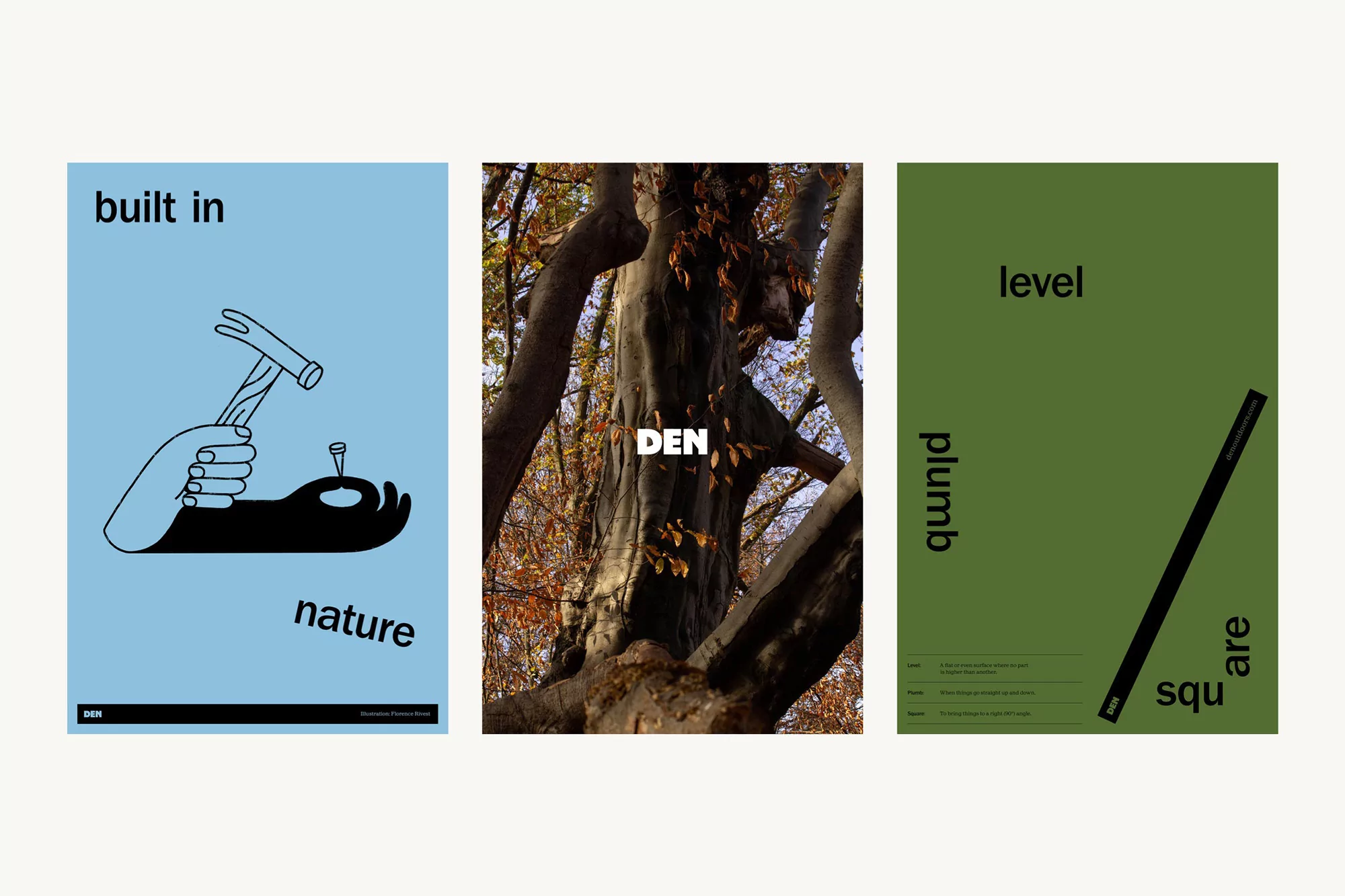 Three minimalistic posters showcasing diverse themes: a hand hammering a nail, a tree trunk, and a geometric composition with the word 'square'.