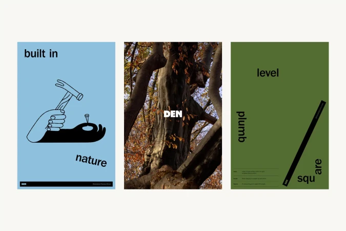 Three minimalistic posters showcasing diverse themes: a hand hammering a nail, a tree trunk, and a geometric composition with the word 'square'.