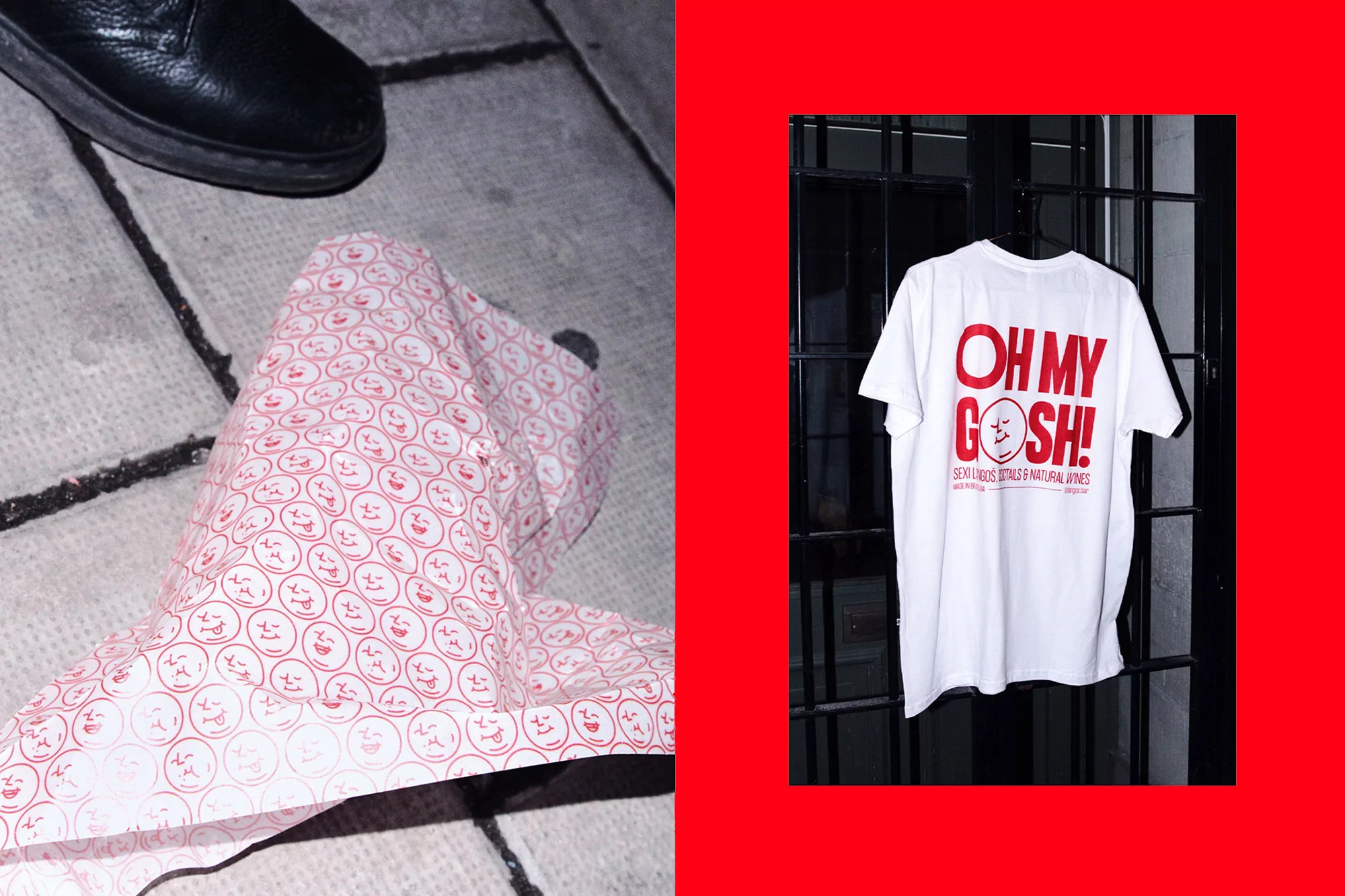 Product shot featuring a black shoe, patterned textile, and a white t-shirt with red text against a red and black background.