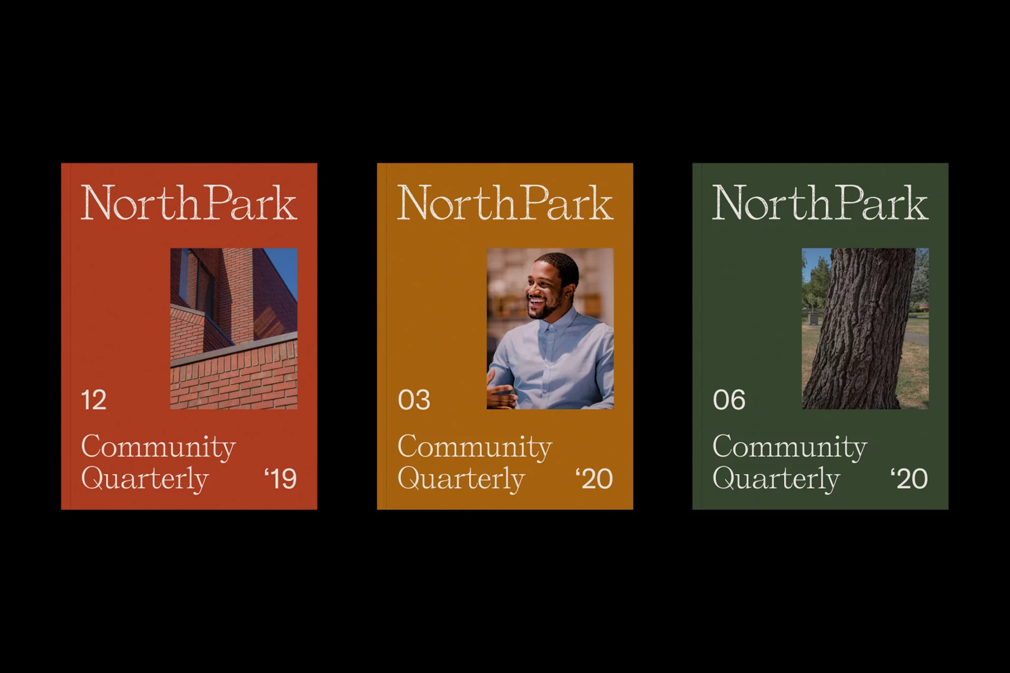 Three magazine covers featuring architectural brick, a smiling adult, and a tree trunk for North Park Community Quarterly issues.