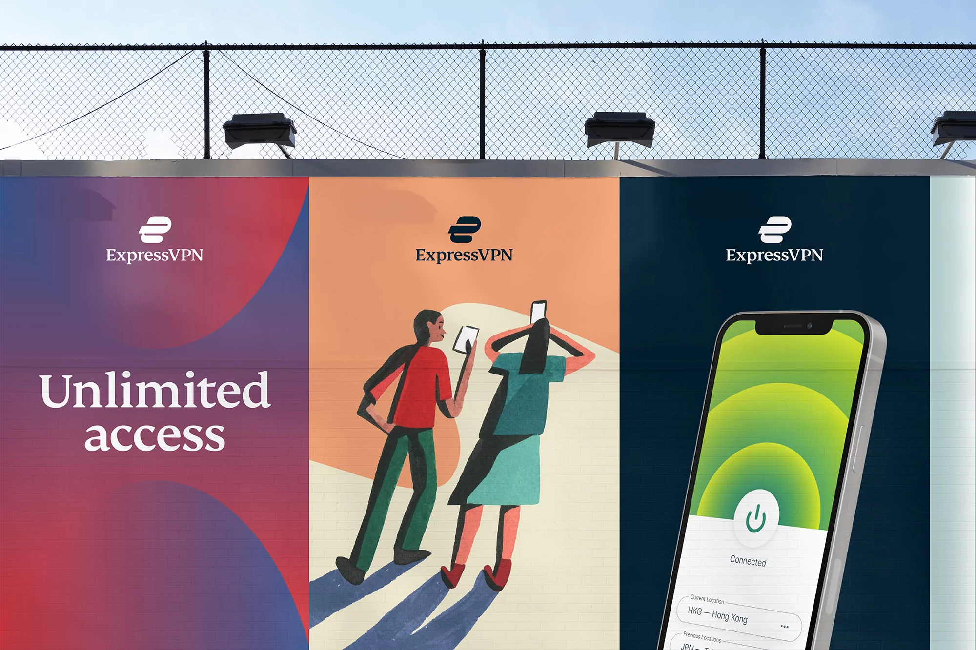 ExpressVPN outdoor advertising billboard displaying branding, illustrations of people, and a smartphone screen interface