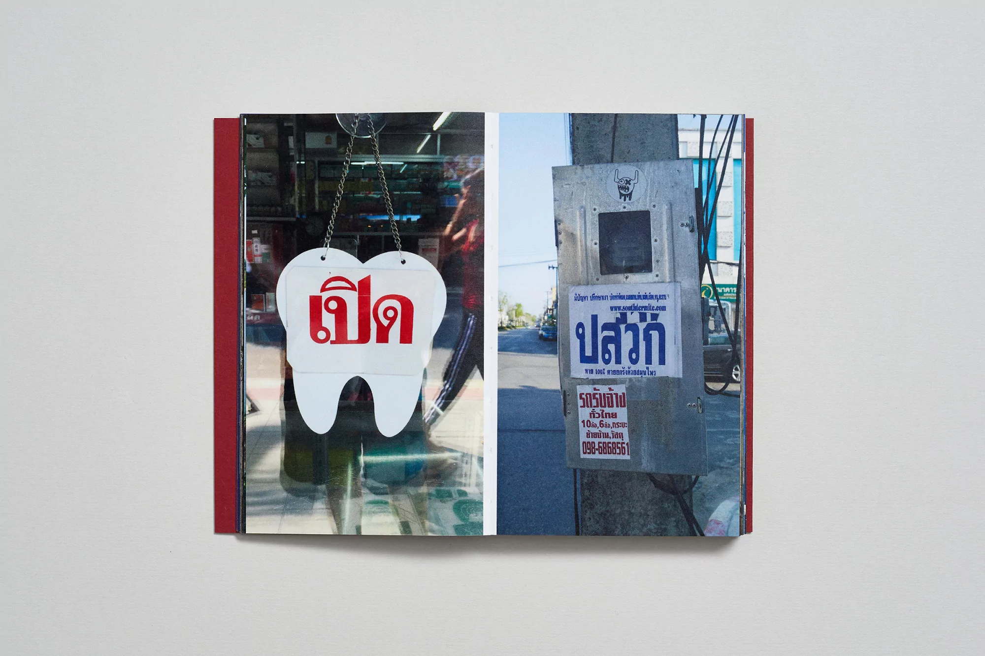 Book cover featuring a split image: a tooth-shaped sign on a glass door and a utility pole covered with posters in Thailand.