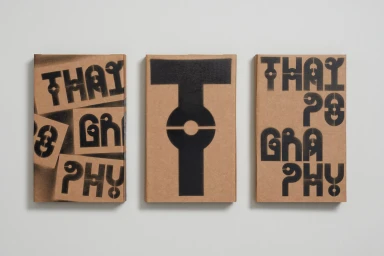 Three rectangular paper notebooks with custom black stencil typography arranged in a row against a plain light gray studio background.