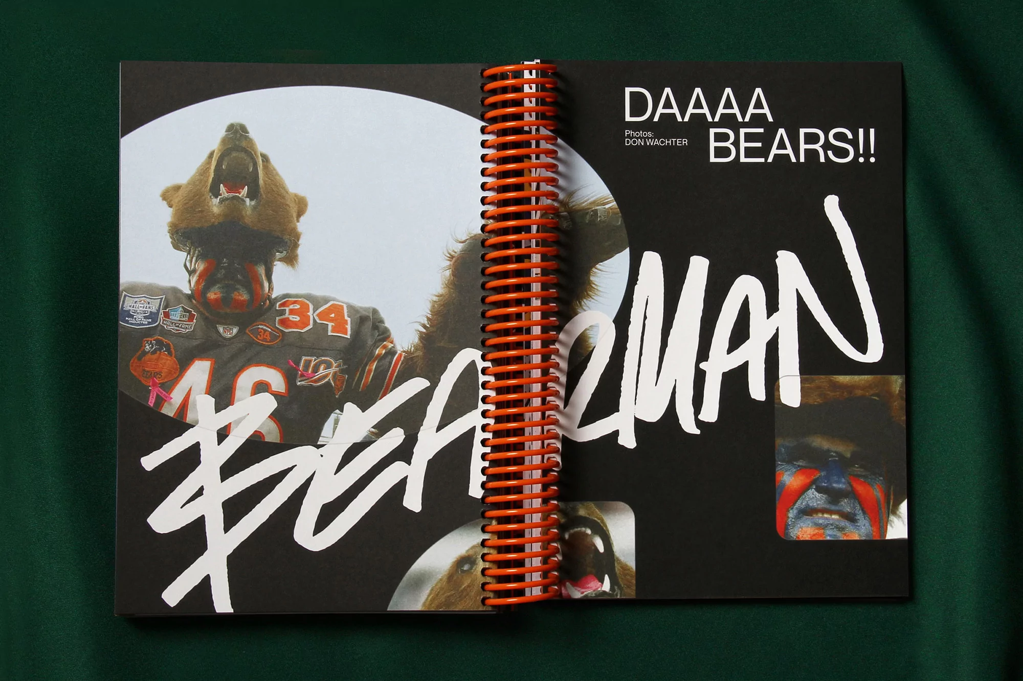 Open book displays image of a person in football attire with bear headwear, juxtaposed with the words 'DAAA BEARS!!' and a face in war paint.