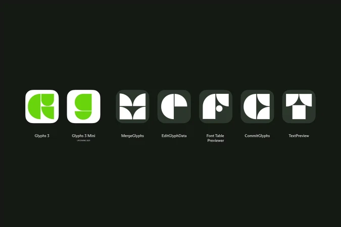 App icons featuring graphic design elements in white and green, showcasing various Glyph applications on a dark background.