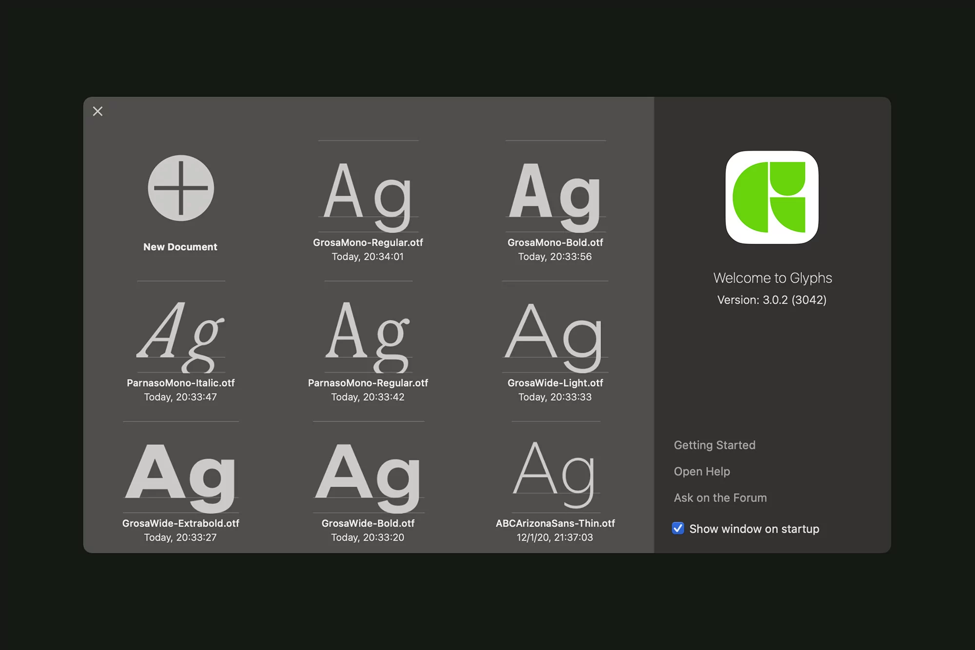 Glyphs software interface displays font file options and the Glyphs welcome screen, used for font design and typography.