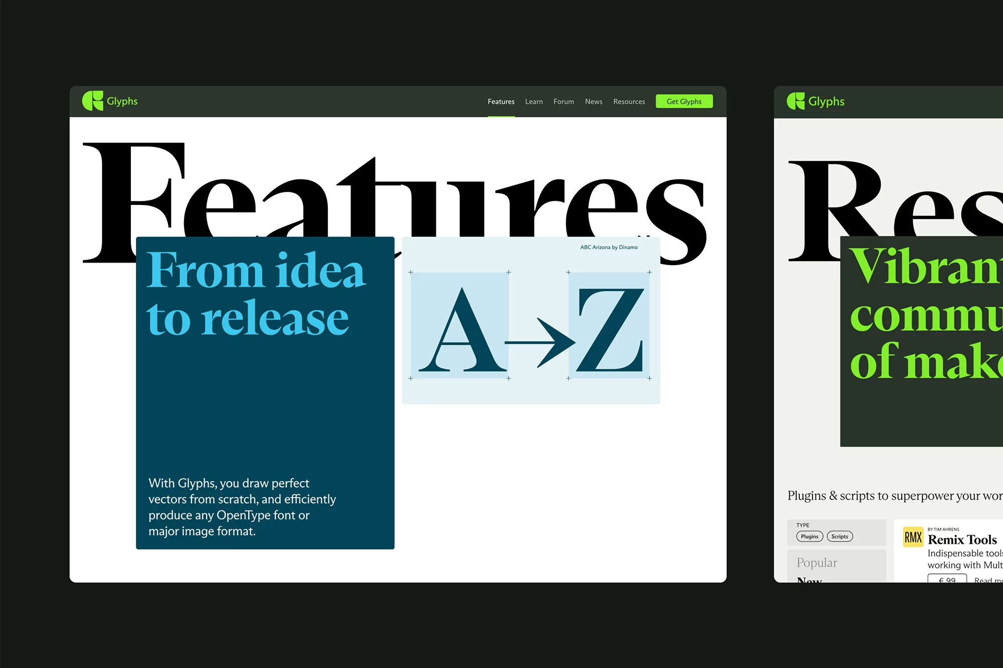Software interface featuring type design platform Glyphs, displaying vector graphic tools and the 'Features' page with a teal call-out box.