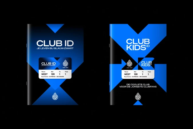 Two black book covers featuring Club ID and Club Kids ID designs with blue accents and text, set against a dark backdrop.