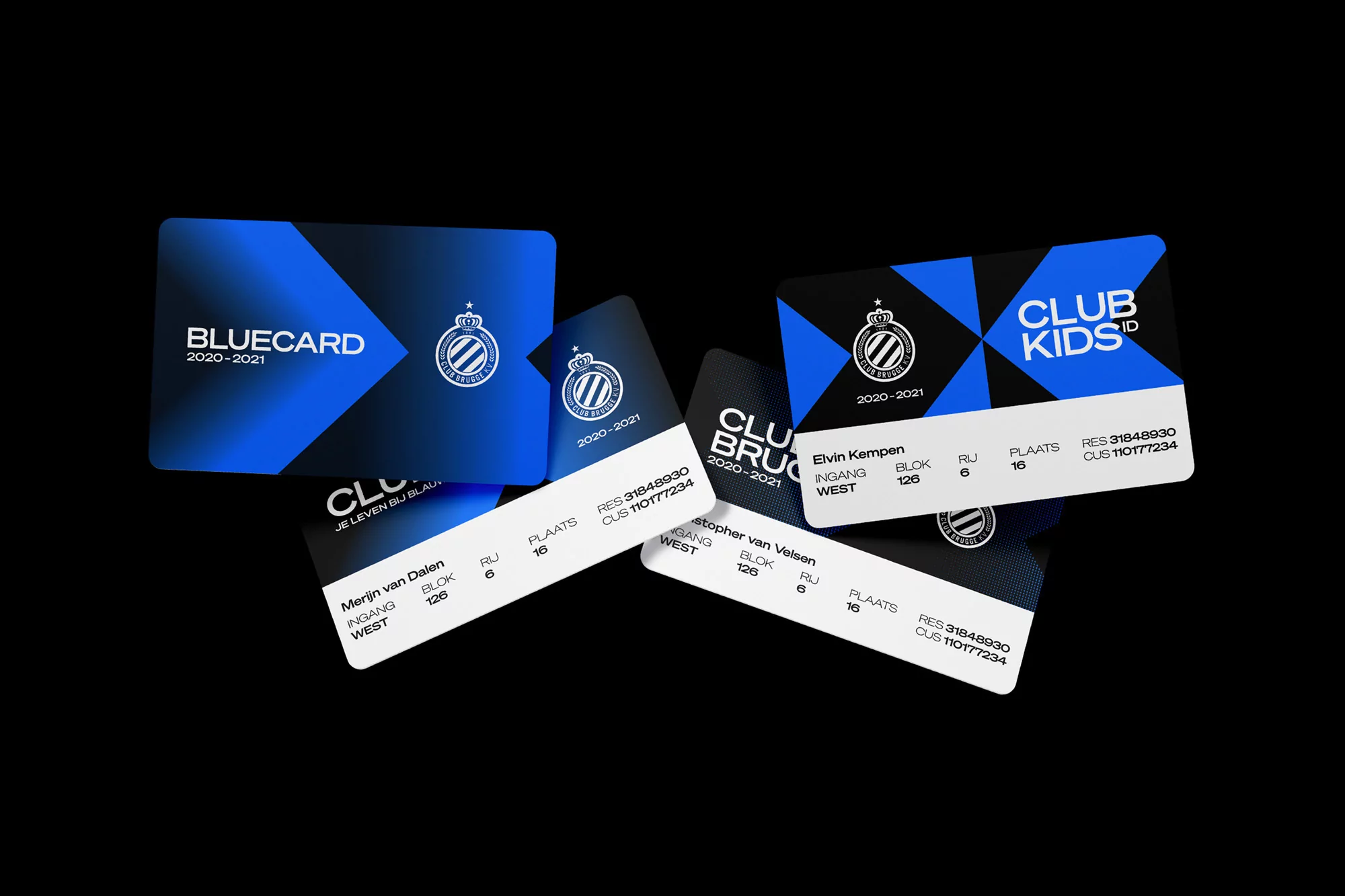 Multiple blue and white membership cards from Club Brugge on black backdrop in studio lighting. Typography and club logo visible.